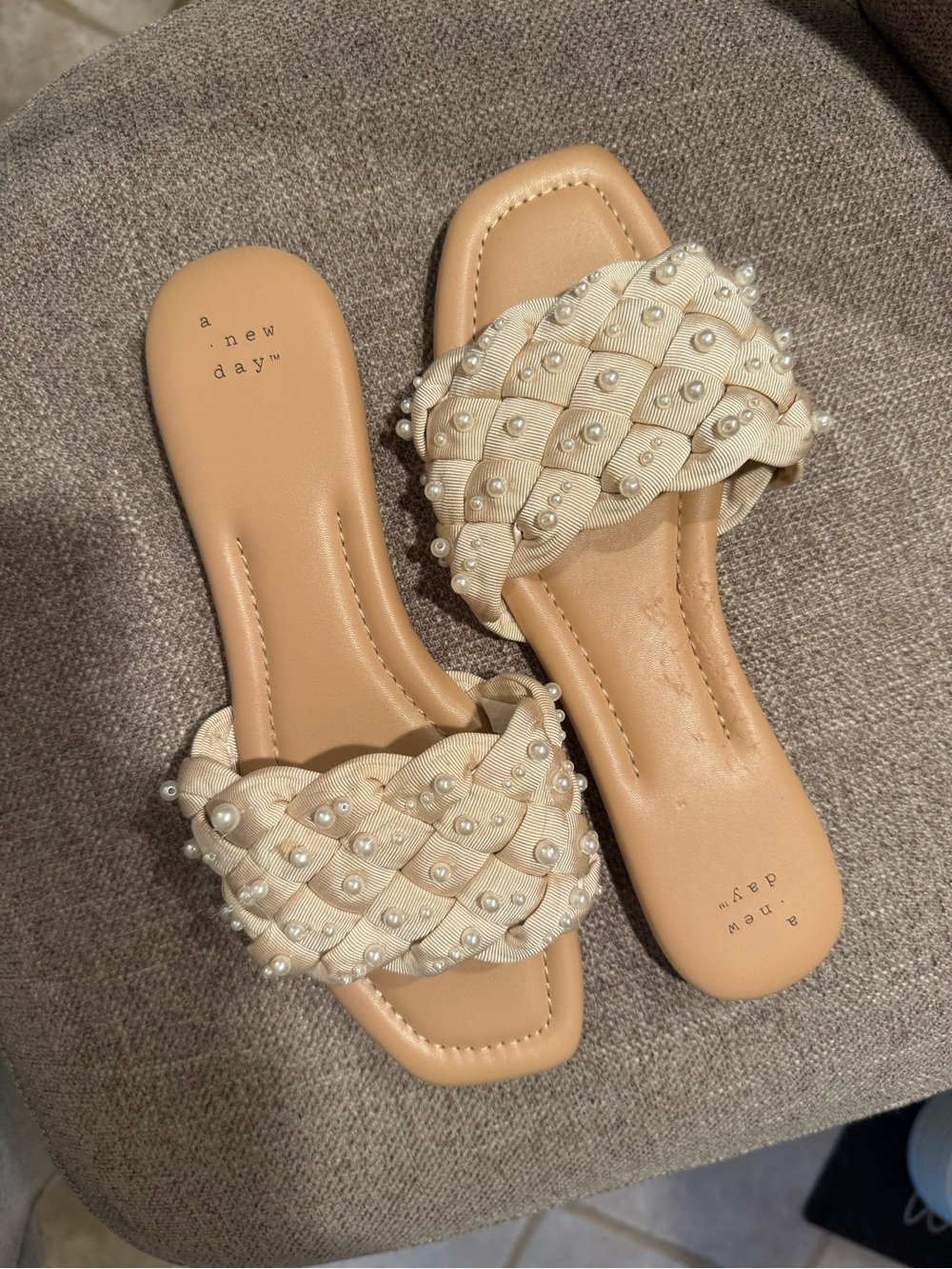 a new day Cream Braided Pearl-Embellished Slide Sandals size 9.5
